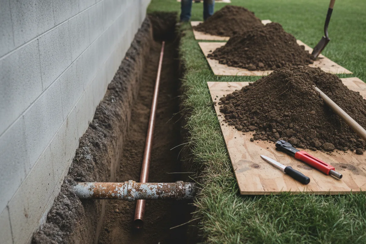 Excavated water line trench during Sewer Line Repair in Youngstown